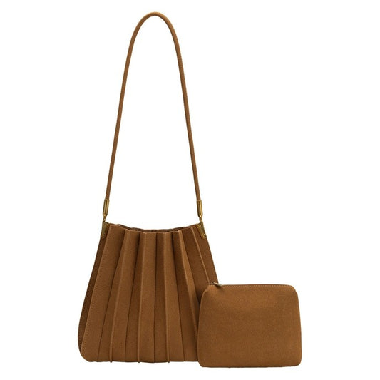 Brown pleated handbag with a matching pouch.