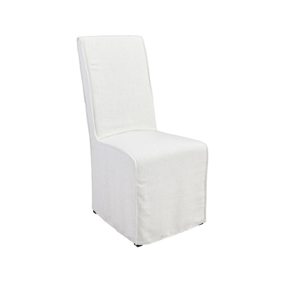 White chair with a fitted slipcover.