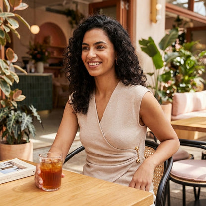 Smiling woman enjoying a drink at a cafe with lush green plants around.
