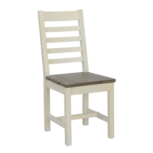 White wooden chair with a slatted back and dark wood seat.