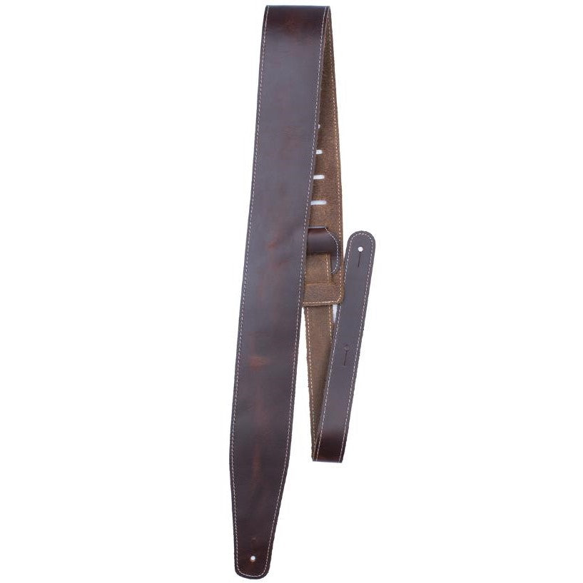 Brown leather guitar strap with white stitching.