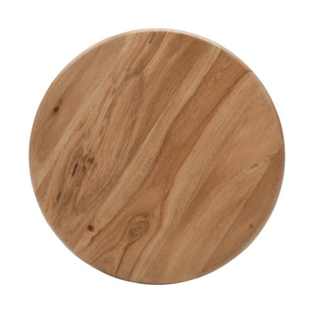 Round wooden board with natural grain pattern.