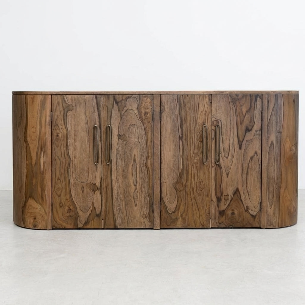 Wooden cabinet with open doors and empty shelves.