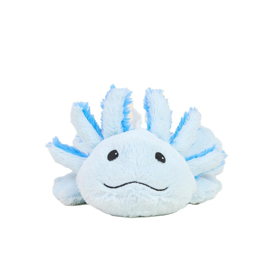 Fluffy blue axolotl plushie on a white background.