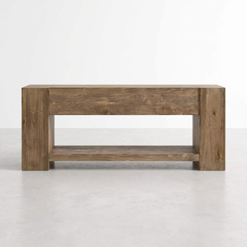 Wooden console table with a lower shelf against a white background.