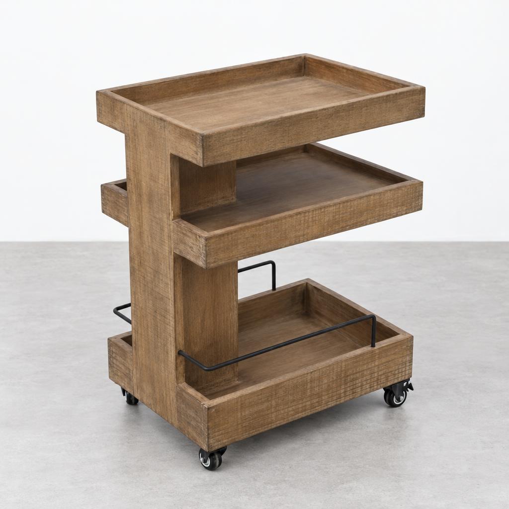 A three-tier wooden rolling cart with raised edges and black metal rails.