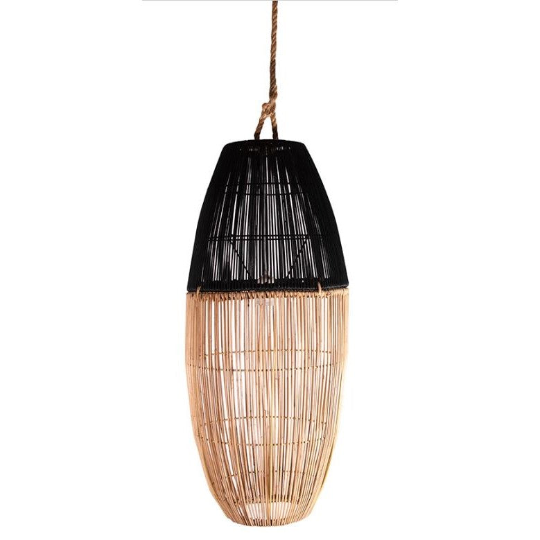 Woven pendant lamp with black and natural fibers, hanging by a rope.