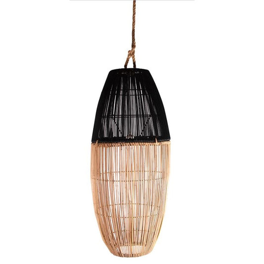 Woven pendant lamp with black and natural fibers, hanging by a rope.