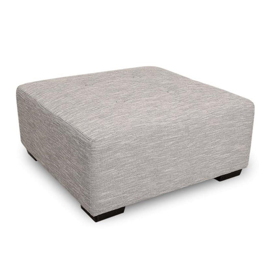 Gray, square ottoman with a textured fabric and dark wooden legs.
