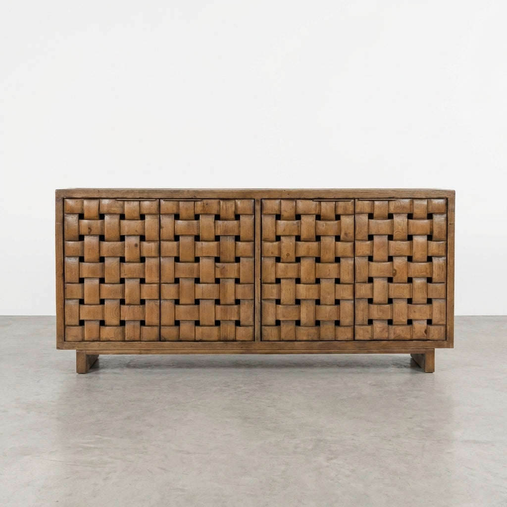 Wooden sideboard with woven pattern and open door revealing shelves.