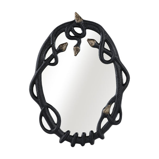 Ornate oval mirror with snake-themed frame.