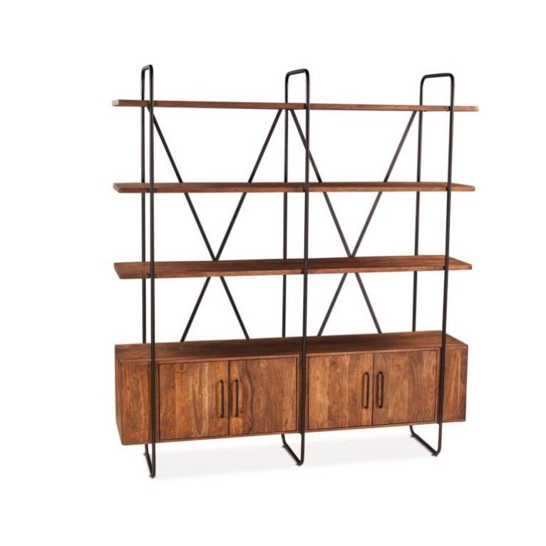 Wooden bookshelf with metal frame, featuring shelves and a cabinet.