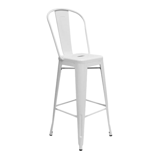 White metal bar stool with a high backrest.