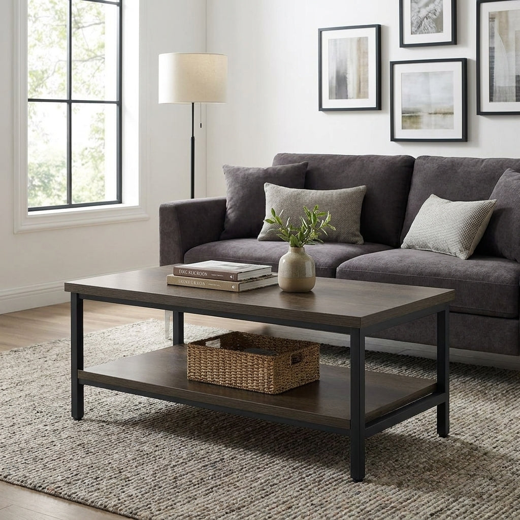A wooden coffee table with a lower shelf and metal frame.