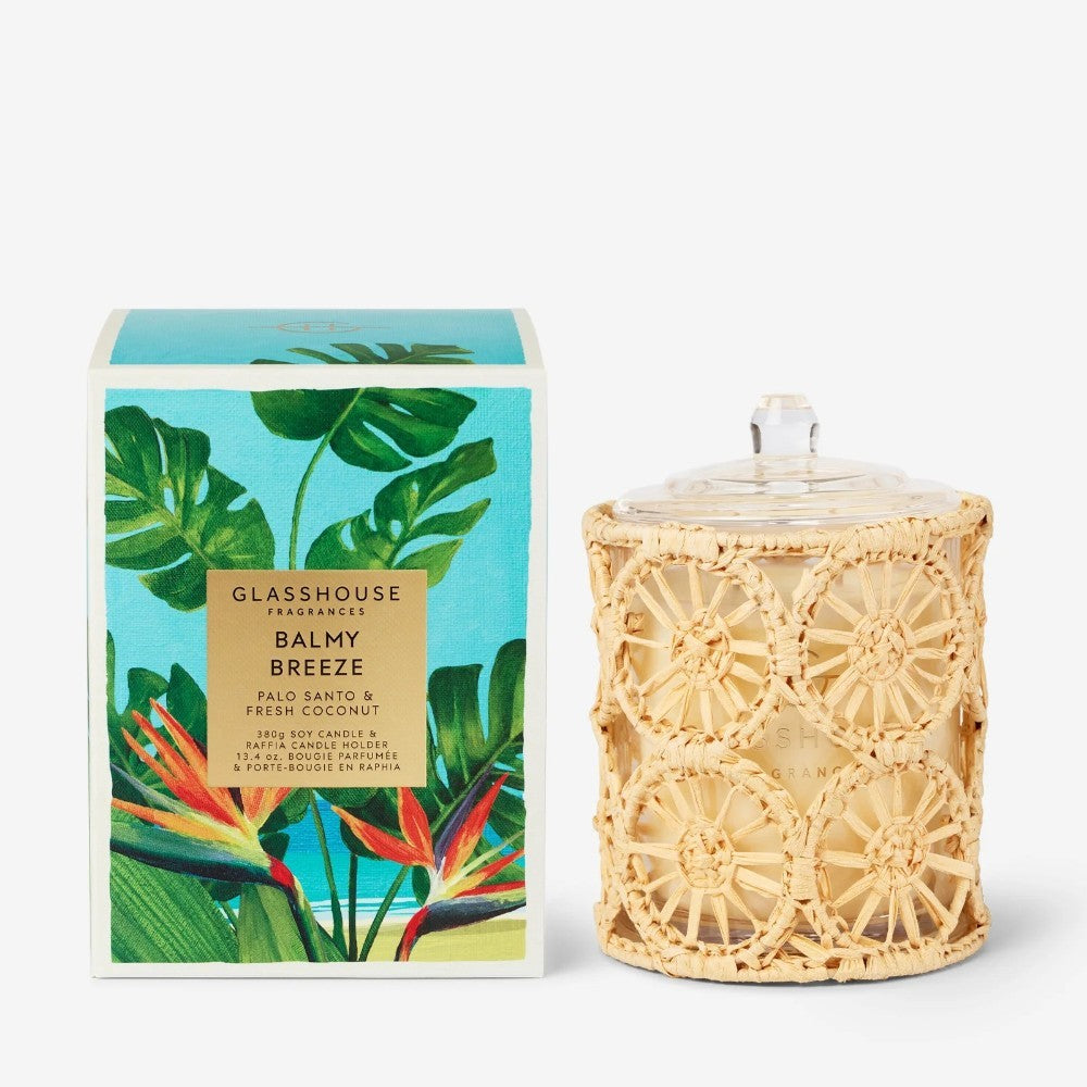 Colorful box and intricately woven candle holder with a tropical design.