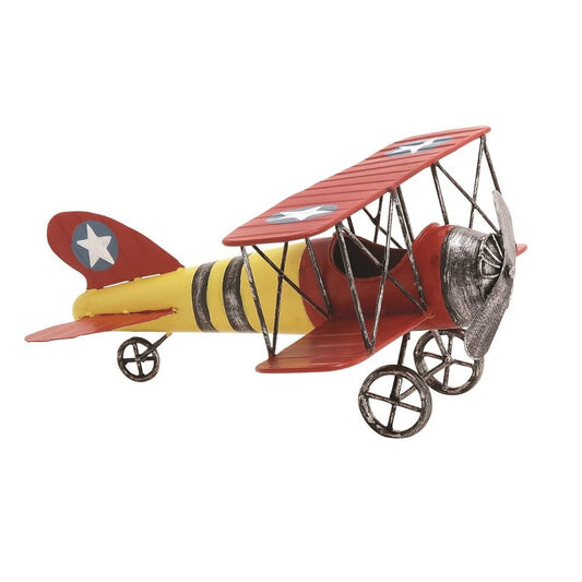 Colorful toy biplane with red wings and a yellow body.
