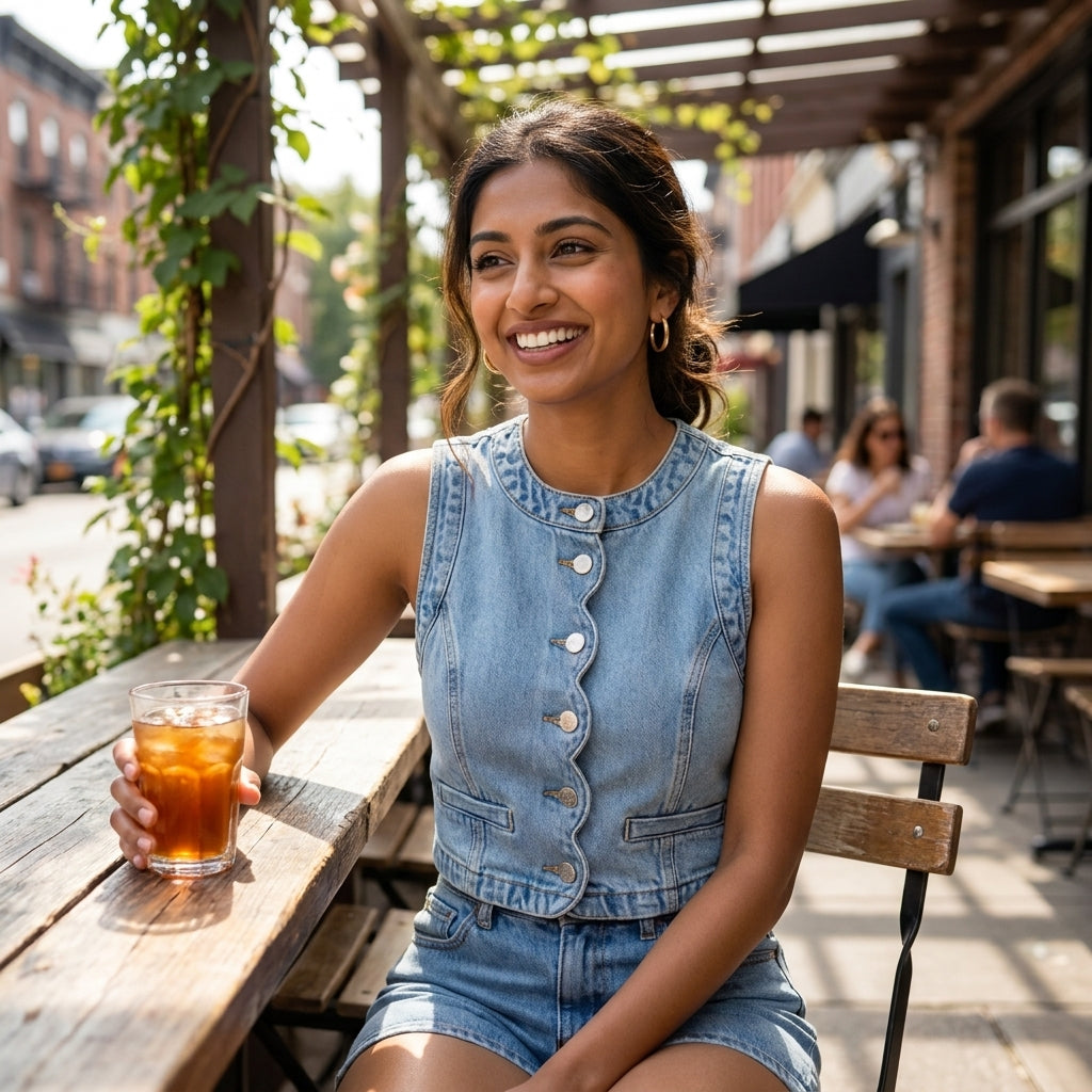 Woman in denim, smiling with iced drink at outdoor café.