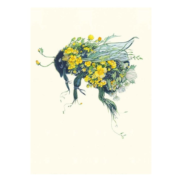 A bee made of flowers and leaves in detailed illustration.