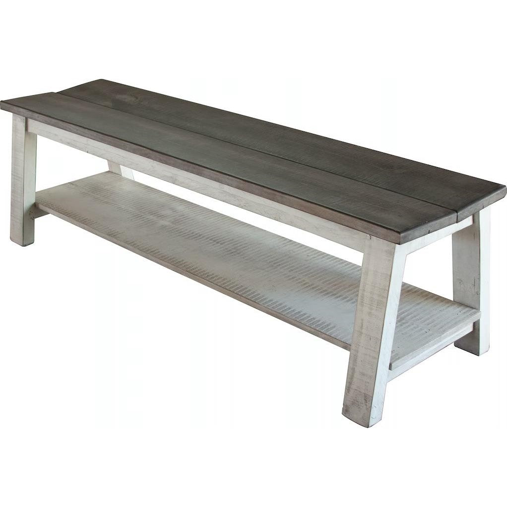 Rustic wooden bench with lower shelf and weathered finish.