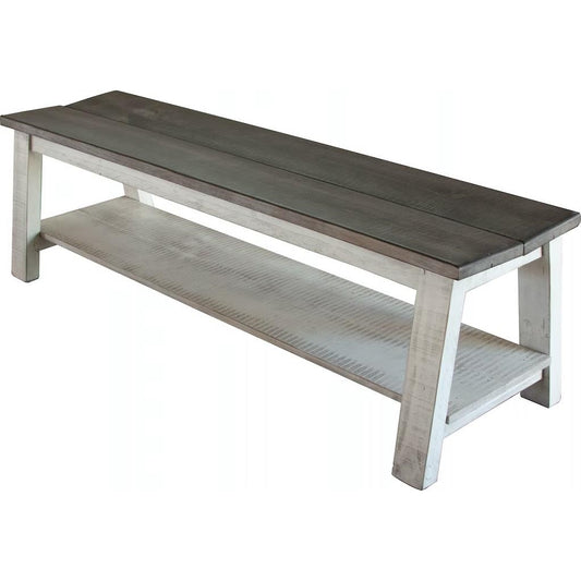 Rustic wooden bench with lower shelf and weathered finish.