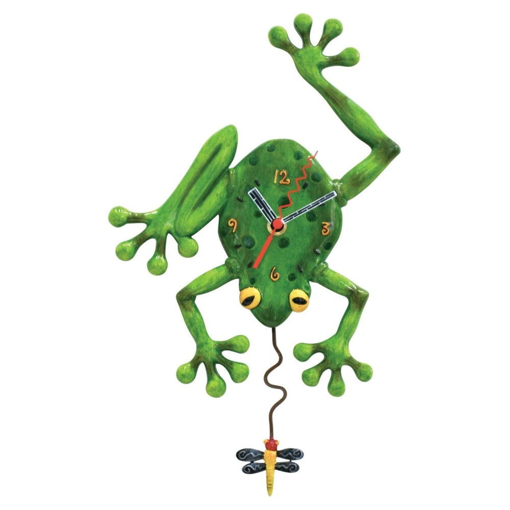 Frog-shaped clock with wavy pendulum and dragonfly detail.