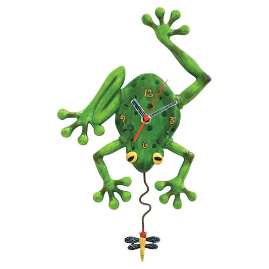 Frog-shaped clock with wavy pendulum and dragonfly detail.
