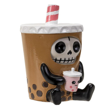 Skeleton-themed boba cup figurine with straw and cute mini cup.