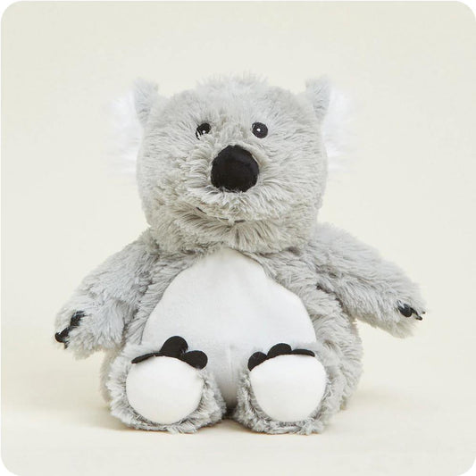 Fluffy gray koala plush toy with white belly and paws.