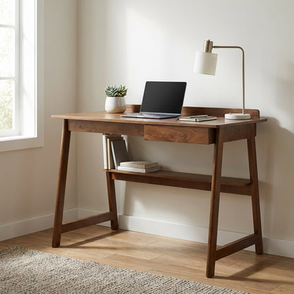 Wooden desk with raised back shelf and angled legs.