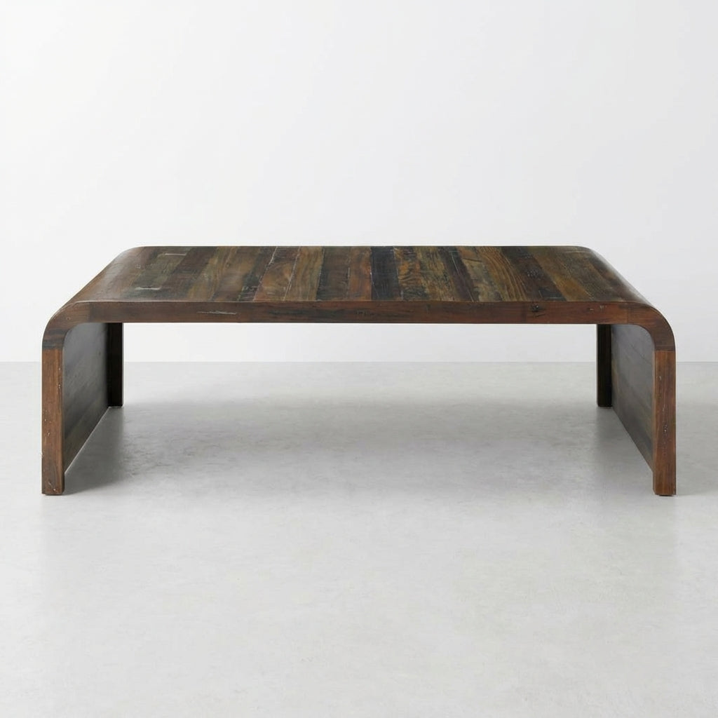 Low wooden coffee table with a simple, sturdy design.