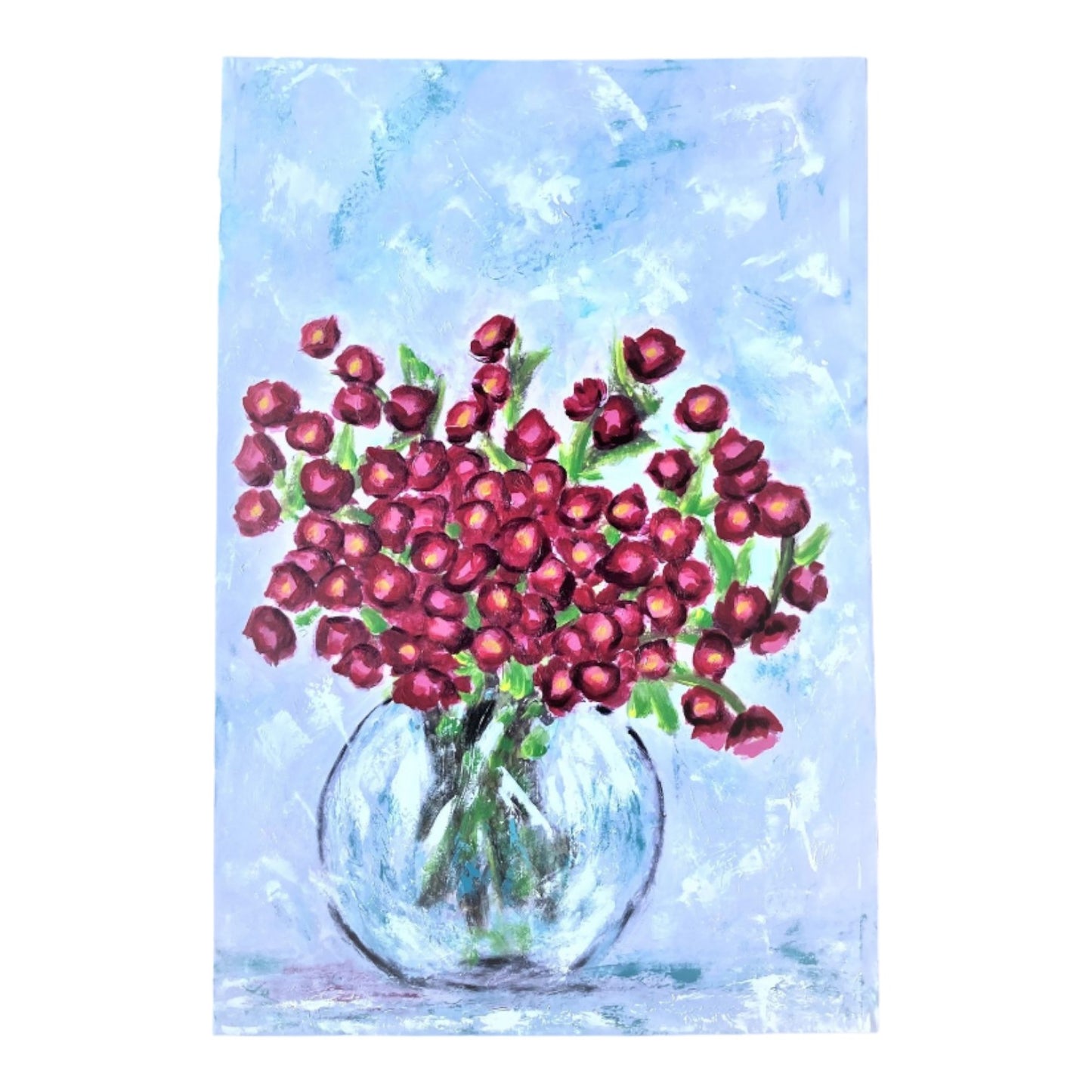 Vibrant abstract painting of roses in a round vase.