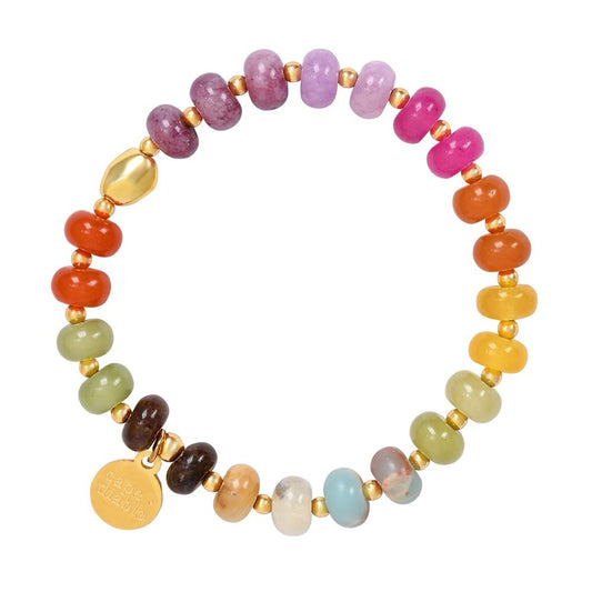 Colorful beaded bracelet with gold accents and a small gold charm.