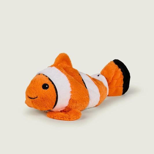 Orange and white plush clownfish toy with a happy face.