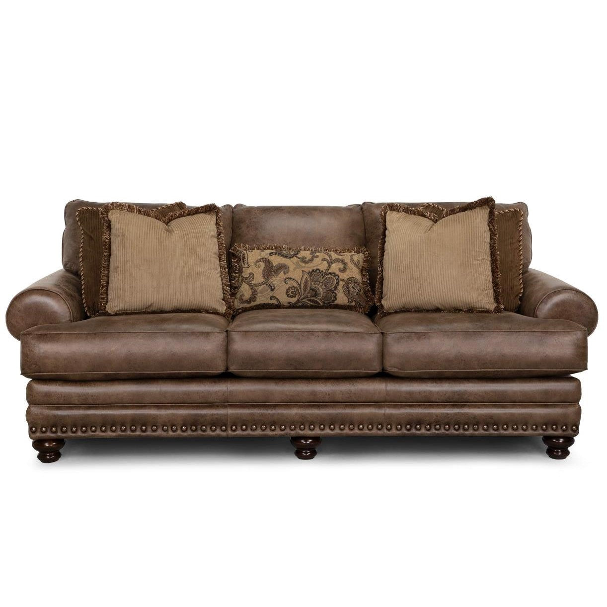 Brown leather sofa with decorative pillows.