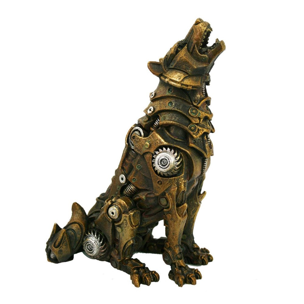 Mechanical wolf sculpture with gears and a bronze finish, howling upwards.