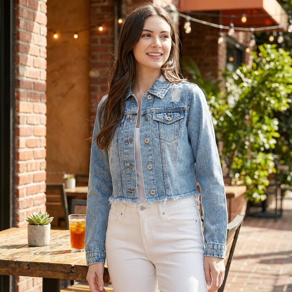 Woman in denim jacket walking in a sunlit outdoor cafe.