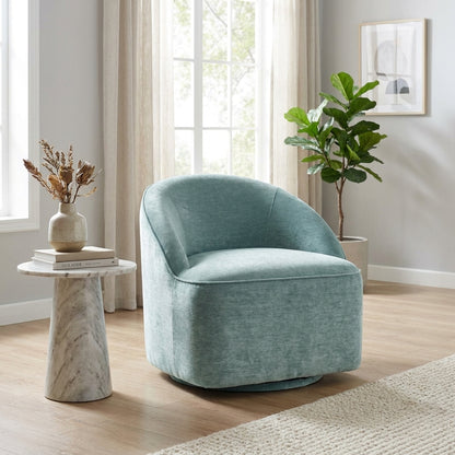 Light blue upholstered swivel chair with a rounded design.