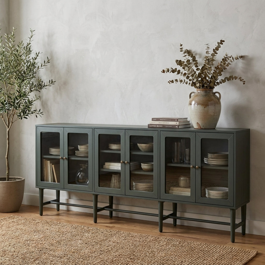 Sleek, long dark cabinet with glass doors and multiple shelves.