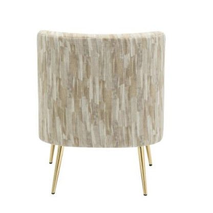 Modern beige chair with gold legs, viewed from the back.