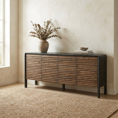 Wooden cabinet with four paneled doors and black metal frame.