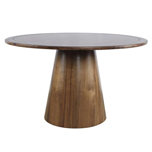 Round wooden table with a tapered base.