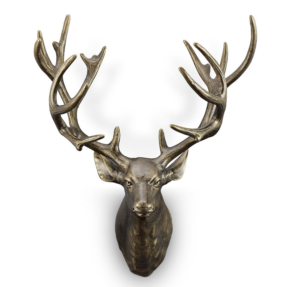 Bronze deer sculpture with detailed antlers.