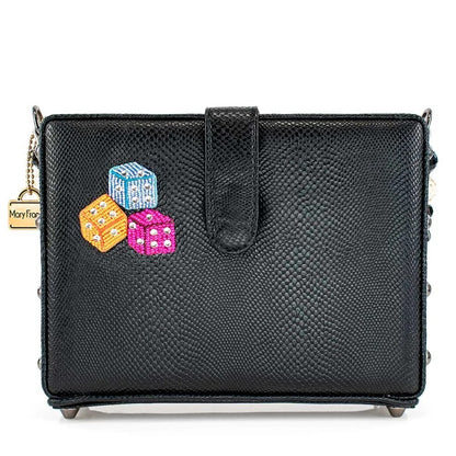 Black textured purse with colorful dice embroidery.