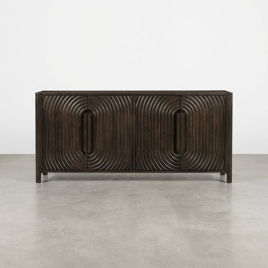Dark wooden cabinet with open doors and textured wavy design.