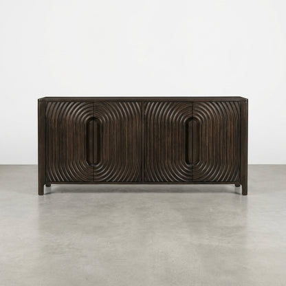 Dark wooden cabinet with open doors and textured wavy design.
