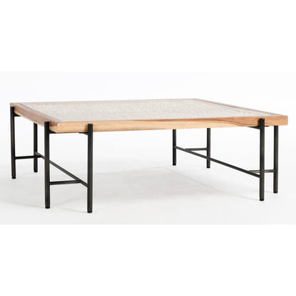 Modern coffee table with metal legs and wooden frame.