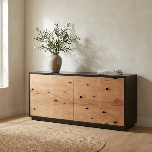 Wood and black sideboard with four doors.