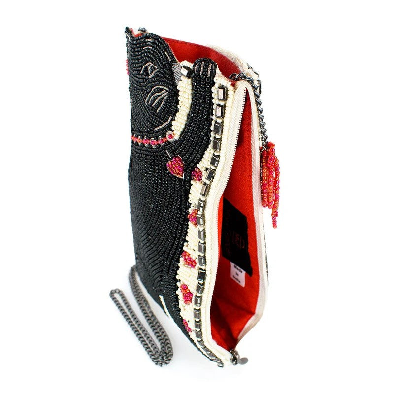 Cat-themed beaded clutch with red interior and zipper, featuring a chain strap.