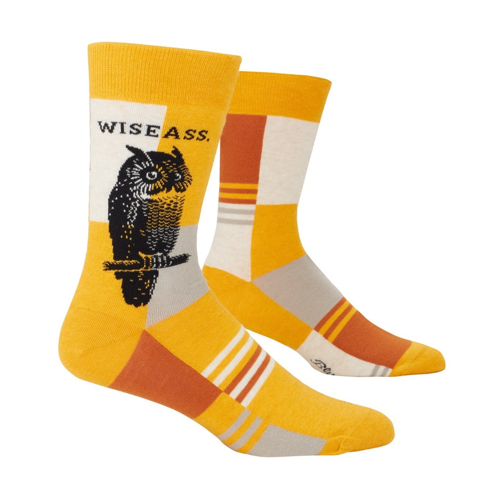 Yellow socks with an owl and "WISE ASS" text design.