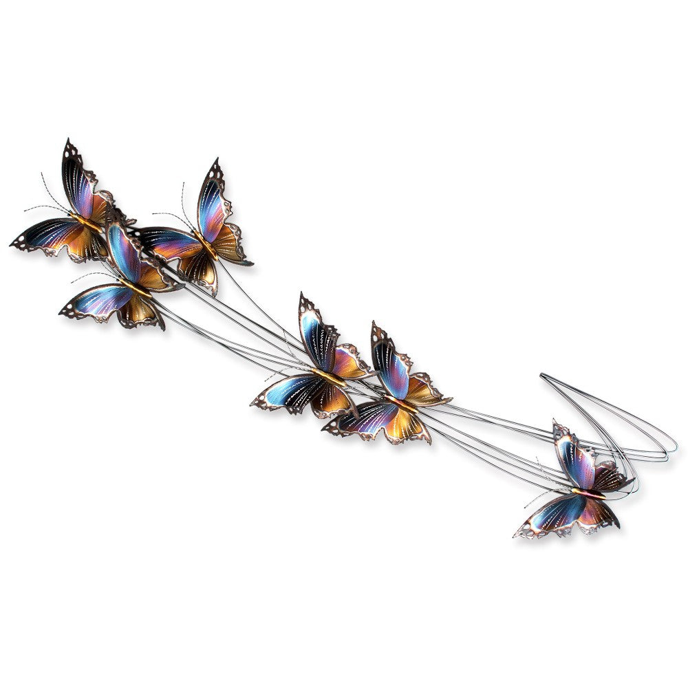 Vibrant metal butterflies on curved wires, showcasing colorful wings in gradient hues.